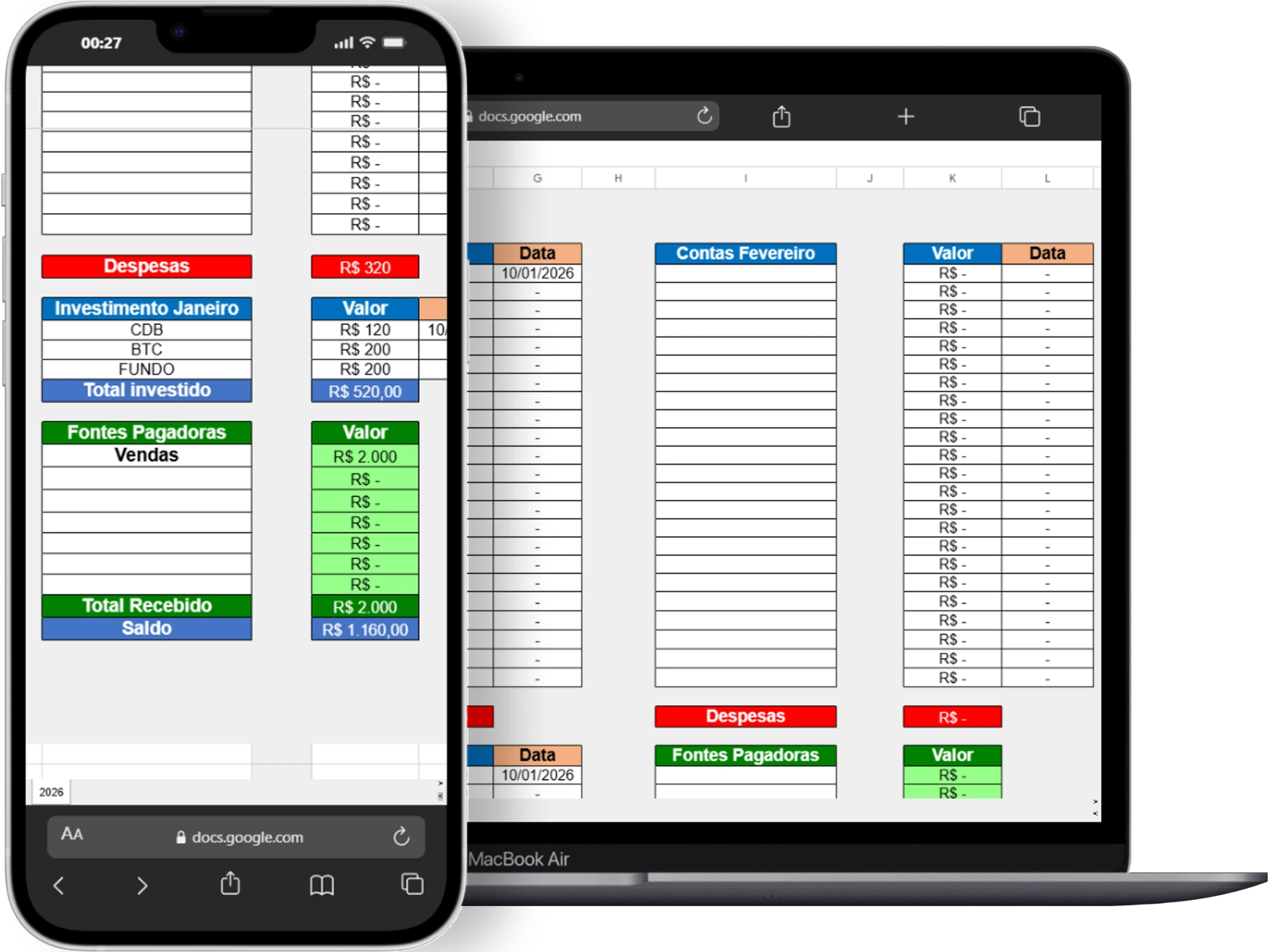 Planilha Fácil aberta no celular e no computador